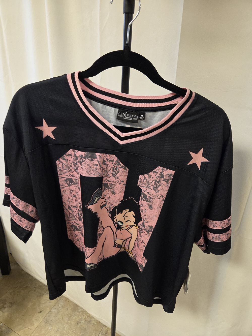 Black & Pink Betty Boop Graphic Crop Jersey Top